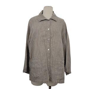 MARLAWYNNE Button Down Blouse Sz L Tan 100% Linen Boxy Striped Lagenlook Neutral